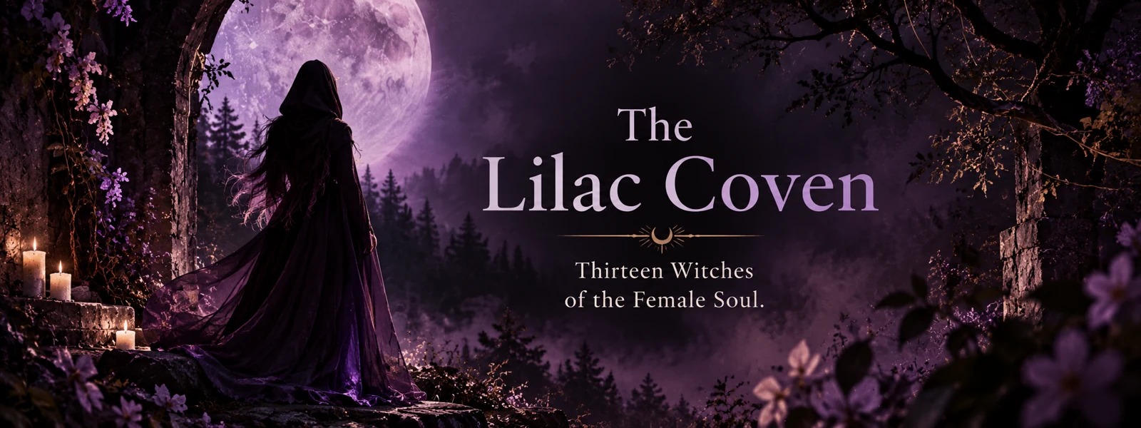 The Lilac Coven: witches gathered in a moonlit forest, from the original book artwork